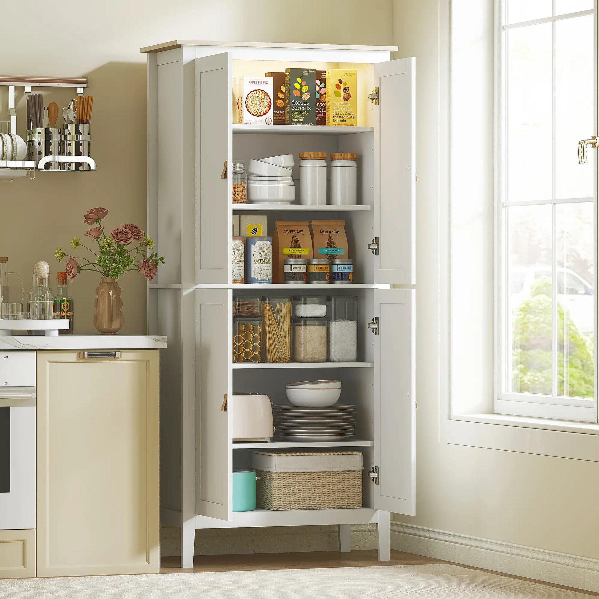 69.5" Tall Kitchen Pantry Cabinet, Motion Sensor LED Light, White Kitchen Pantry Cabinets at Gallery Canada