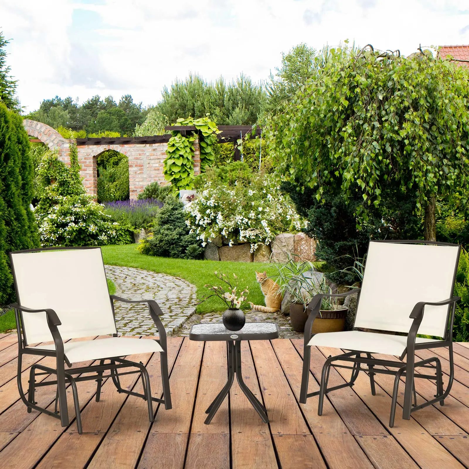 3 Piece Patio Glider Set, Breathable Mesh Seat, Glass Top Table, Cream White Outdoor Gliders at Gallery Canada