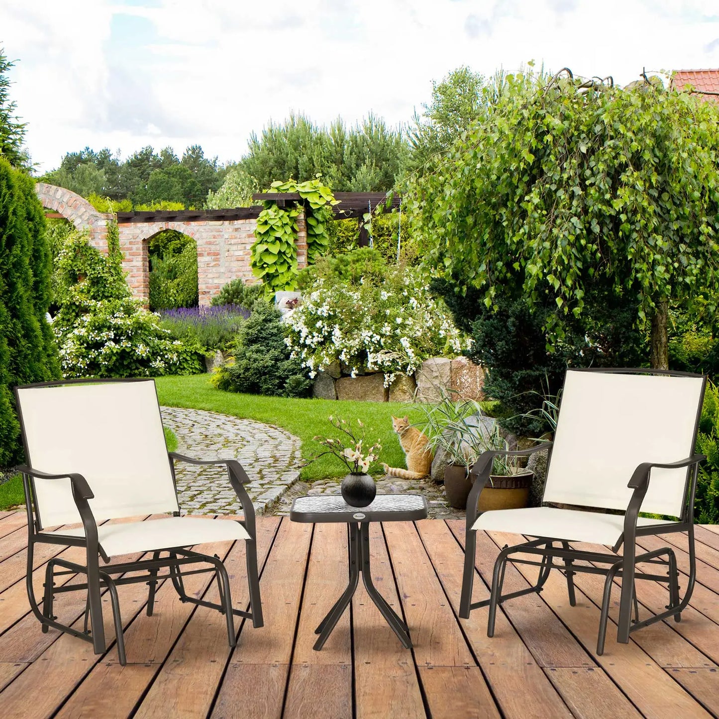 3 Piece Patio Glider Set, Breathable Mesh Seat, Glass Top Table, Cream White Outdoor Gliders at Gallery Canada