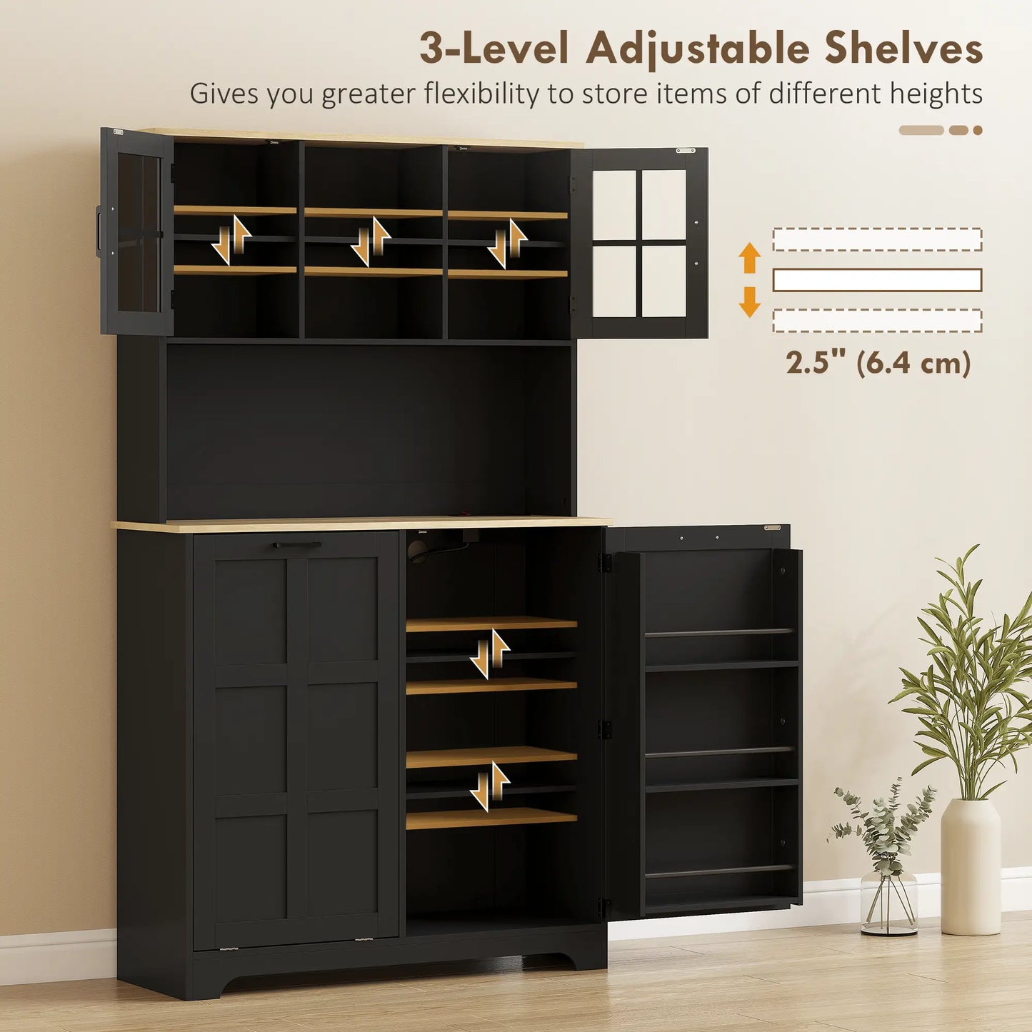Kitchen Pantry Cabinet, 7 Gallon Trash Can, Adjustable Shelves, Acrylic Doors, Black Kitchen Pantry Cabinets at Gallery Canada