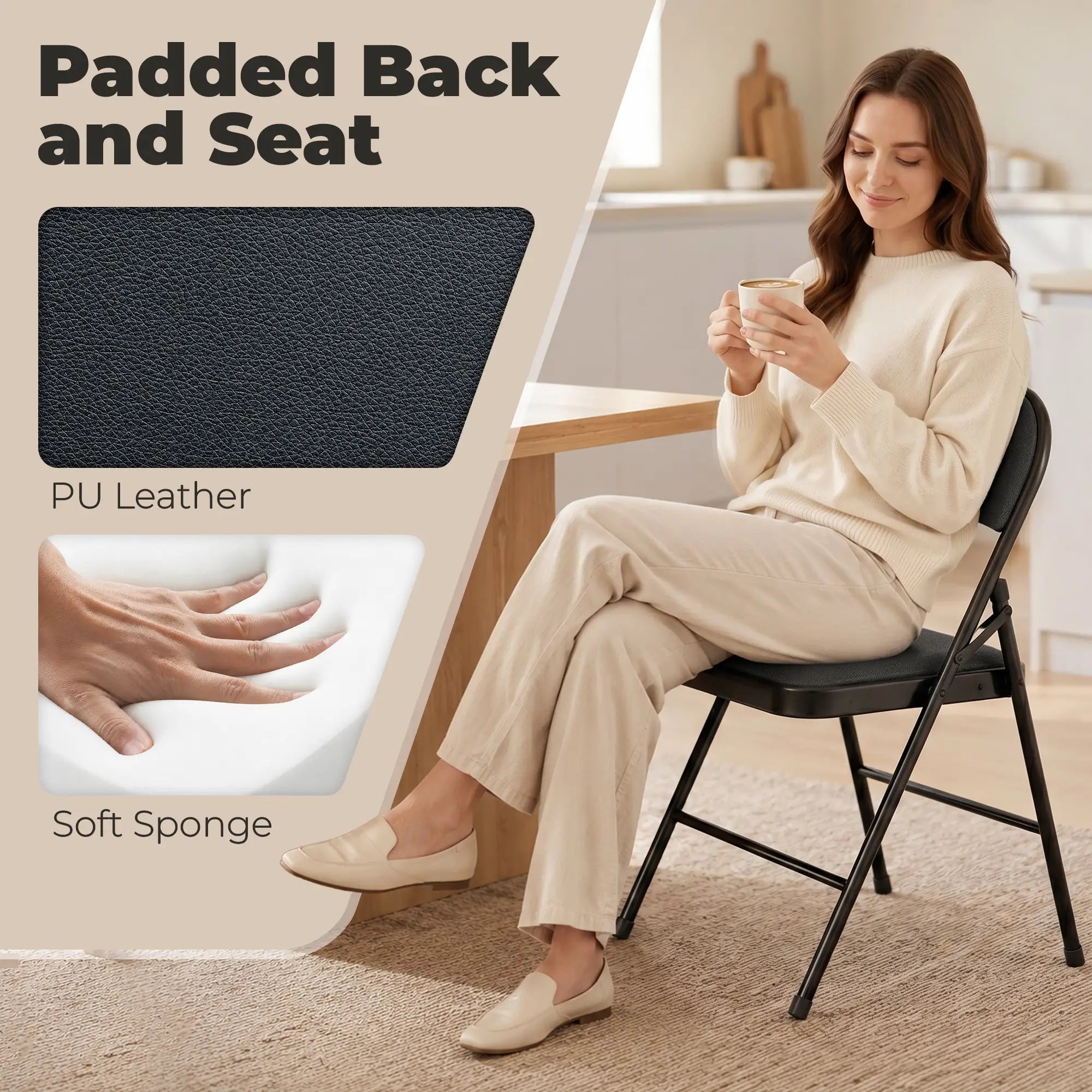 Set of 4 Metal Foldable Chairs, PU Leather Padded, Black Bar Stools at Gallery Canada