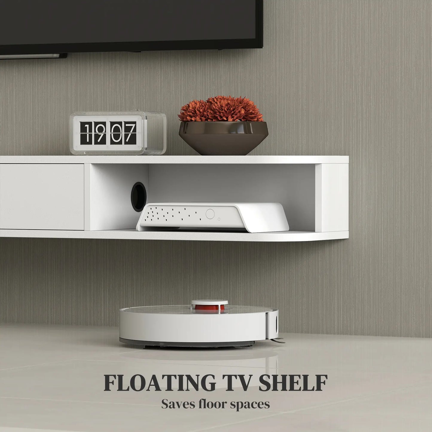Support TV flottant de 71 pouces, console multimédia murale, blanc