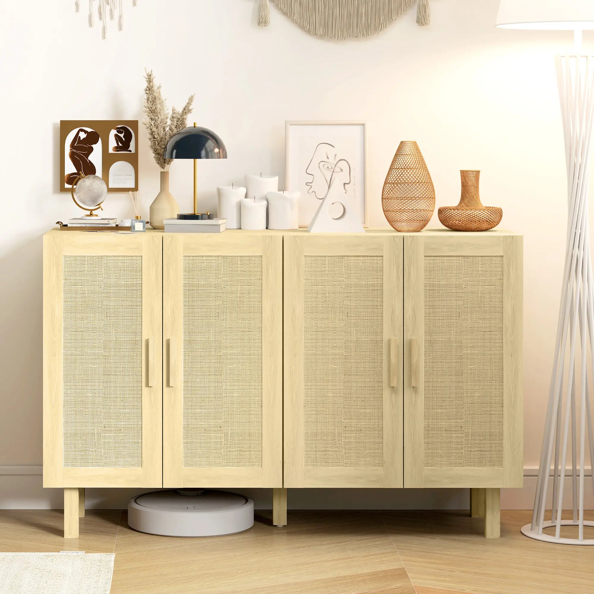Boho Sideboard Cabinet, 4 Rattan Doors, Adjustable Shelves, Natural Storage Cabinets at Gallery Canada