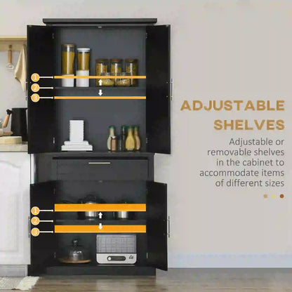 72" Kitchen Pantry Cabinet, 4-Door with Drawer, Adjustable Shelves, Black Kitchen Pantry Cabinets at Gallery Canada