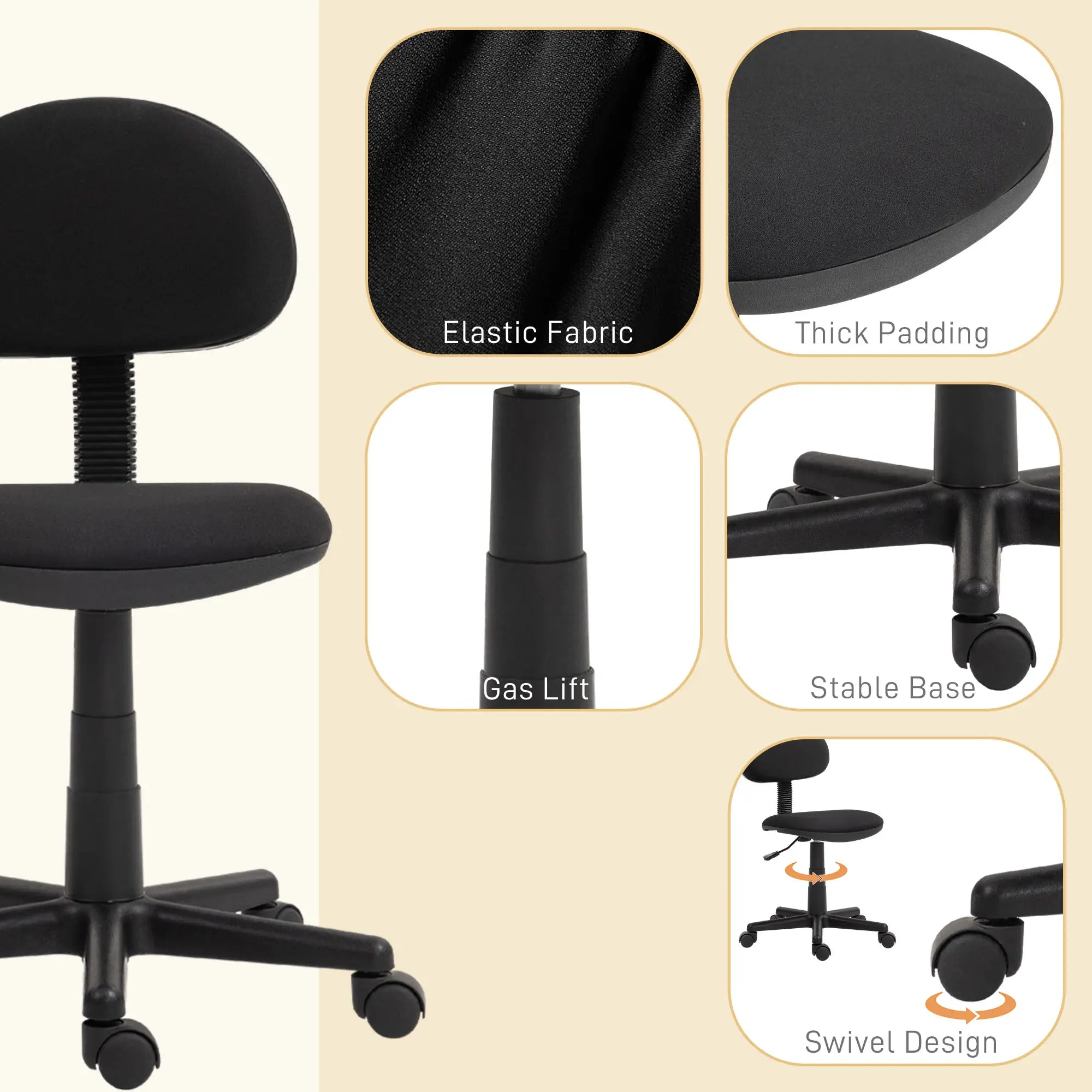 Small Desk Chair, Armless Adjustable Height, 360° Swivel Wheels, Black Task Chairs at Gallery Canada