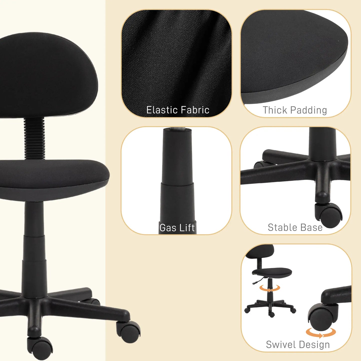 Small Desk Chair, Armless Adjustable Height, 360° Swivel Wheels, Black Task Chairs at Gallery Canada
