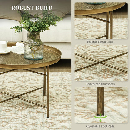 Table Basse Vintage, 24" Ronde, Plateau Martelé, Cadre Métallique, Doré