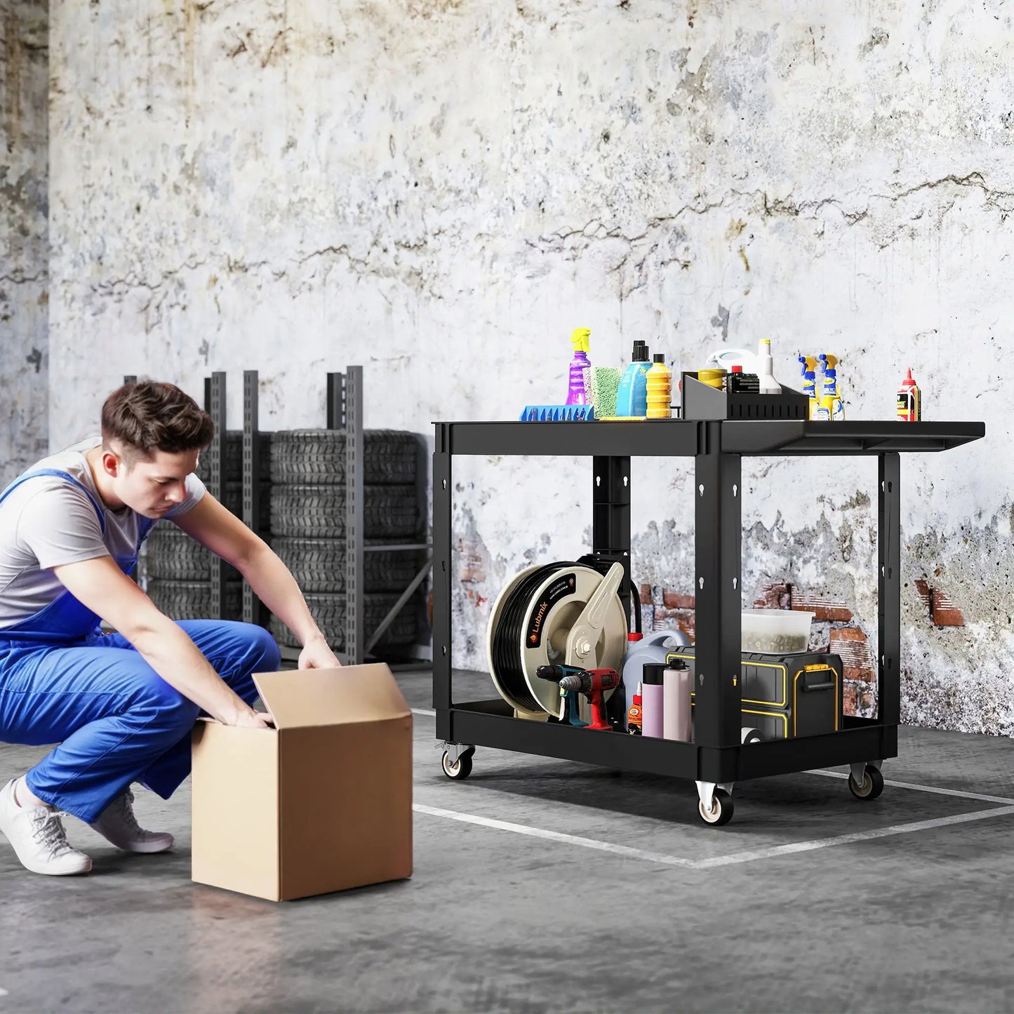 2-Tier Rolling Tool Cart, 500 LBS Capacity Plastic Utility Cart, Black Tool Organizers at Gallery Canada