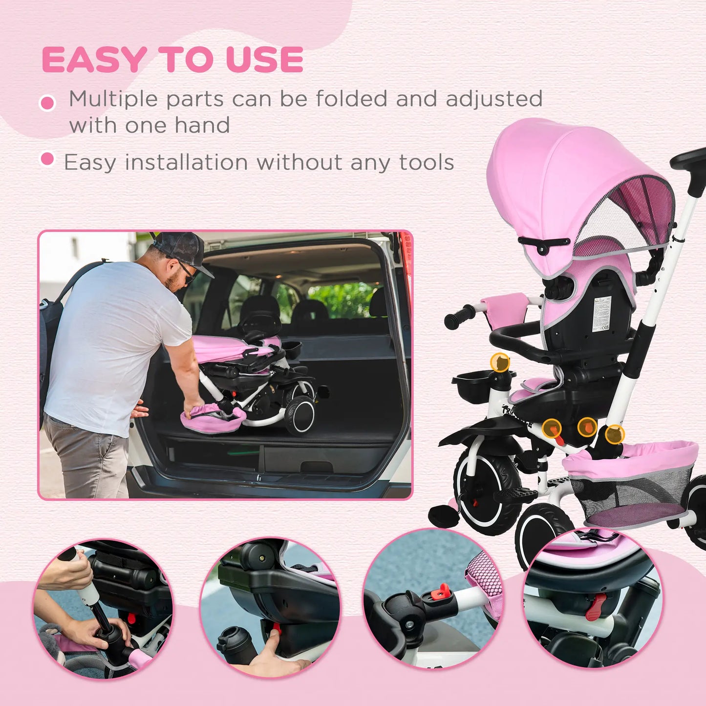 6-in-1 Toddler Tricycle, Foldable, Adjustable Seat, Push Handle, Pink Tricycles for Kids at Gallery Canada