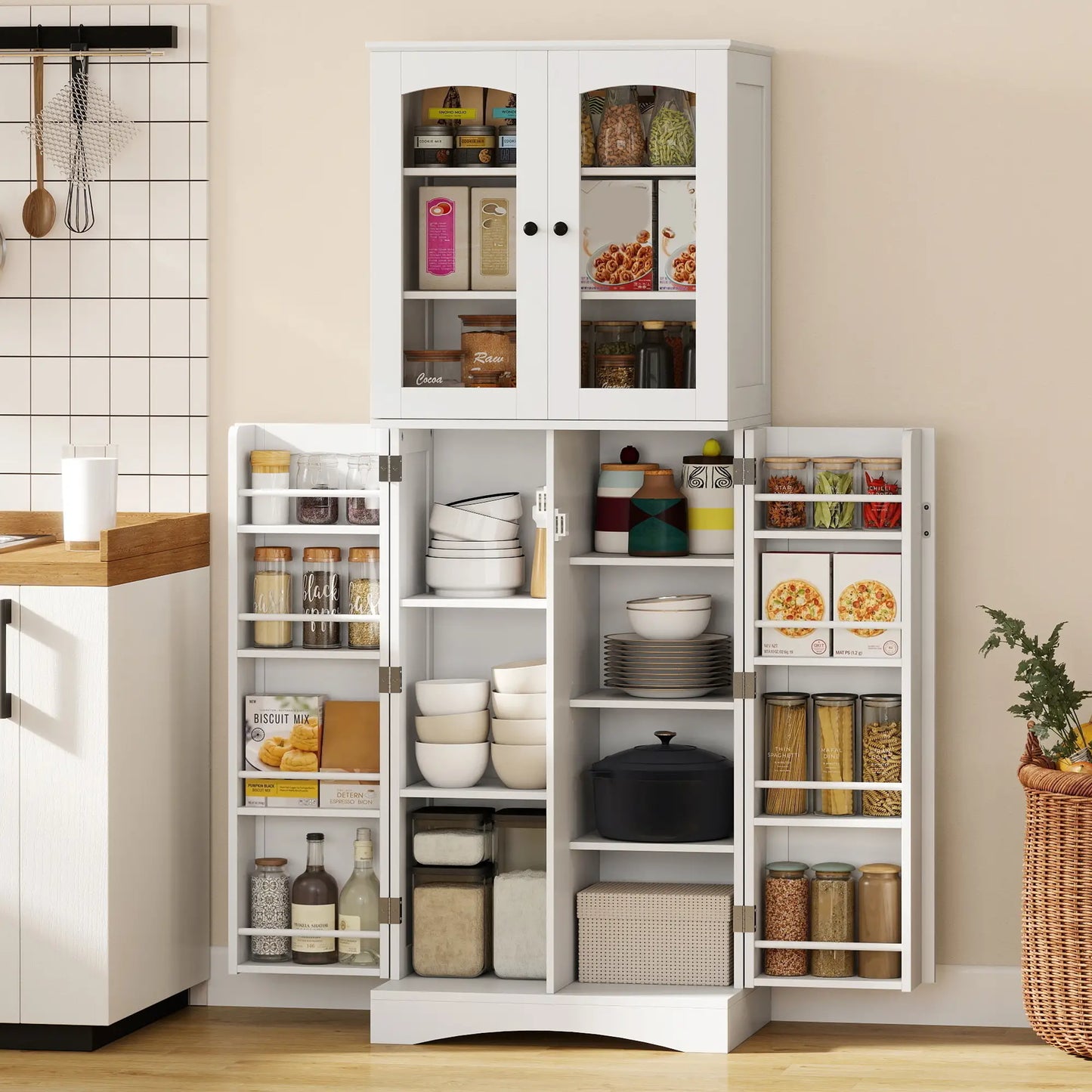 64" Tall Kitchen Pantry Cabinet, 10 Shelves, White Kitchen Pantry Cabinets at Gallery Canada