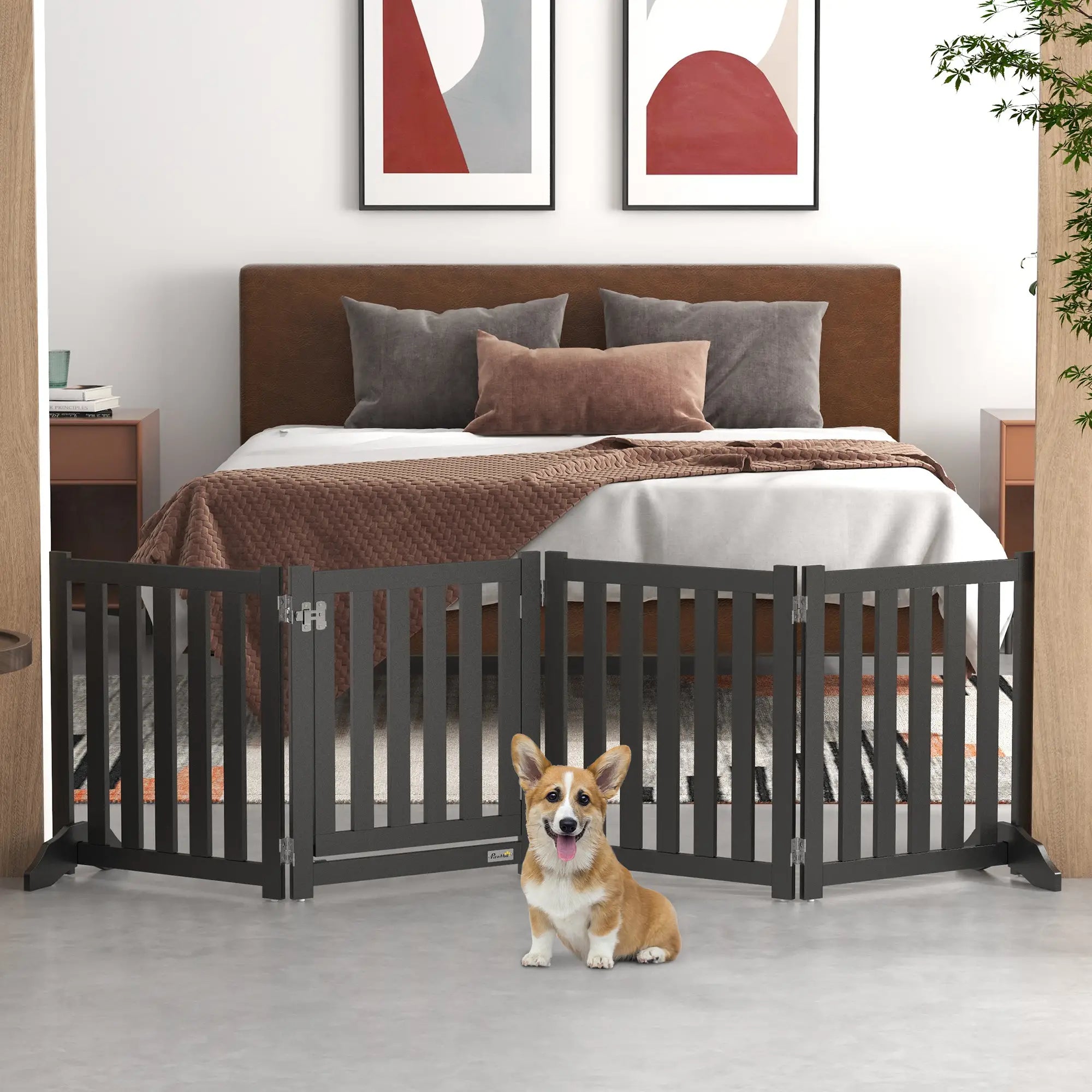 Foldable Dog Gate With Door, 4 Panels Freestanding, Black Houses, Kennels & Pens at Gallery Canada