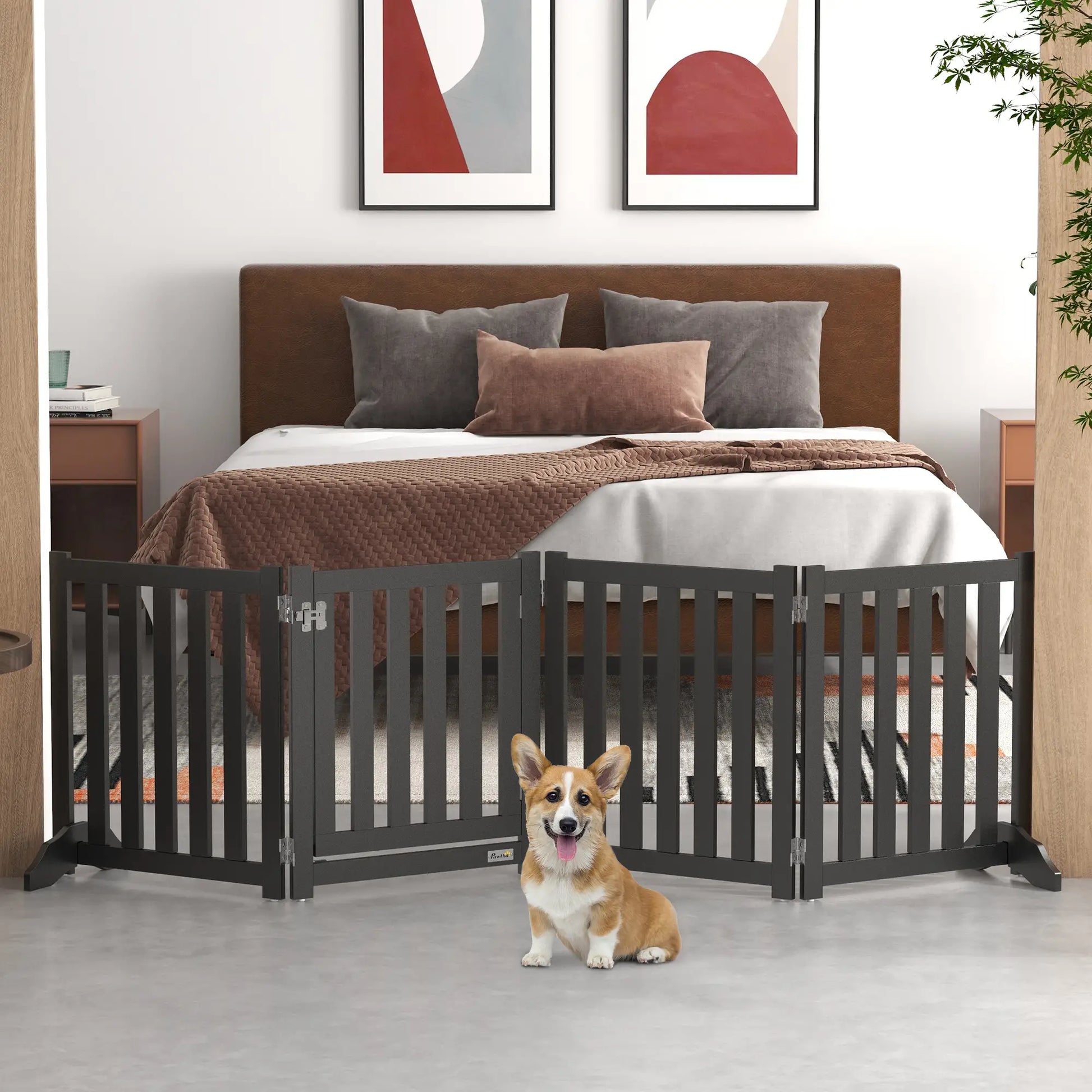 Foldable Dog Gate With Door, 4 Panels Freestanding, Black Houses, Kennels & Pens at Gallery Canada