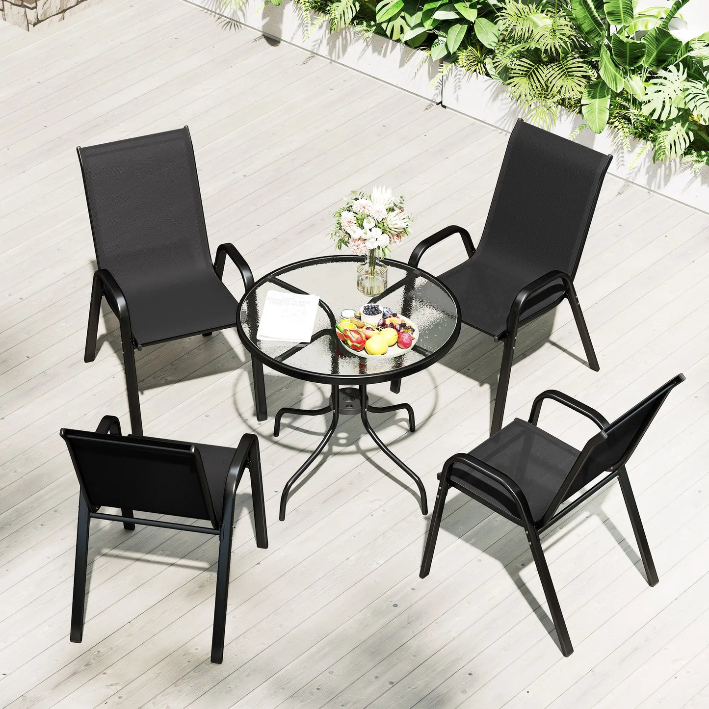Five-Piece Steel Patio Set, Glass-Top Table, Black Outdoor Dining Sets at Gallery Canada
