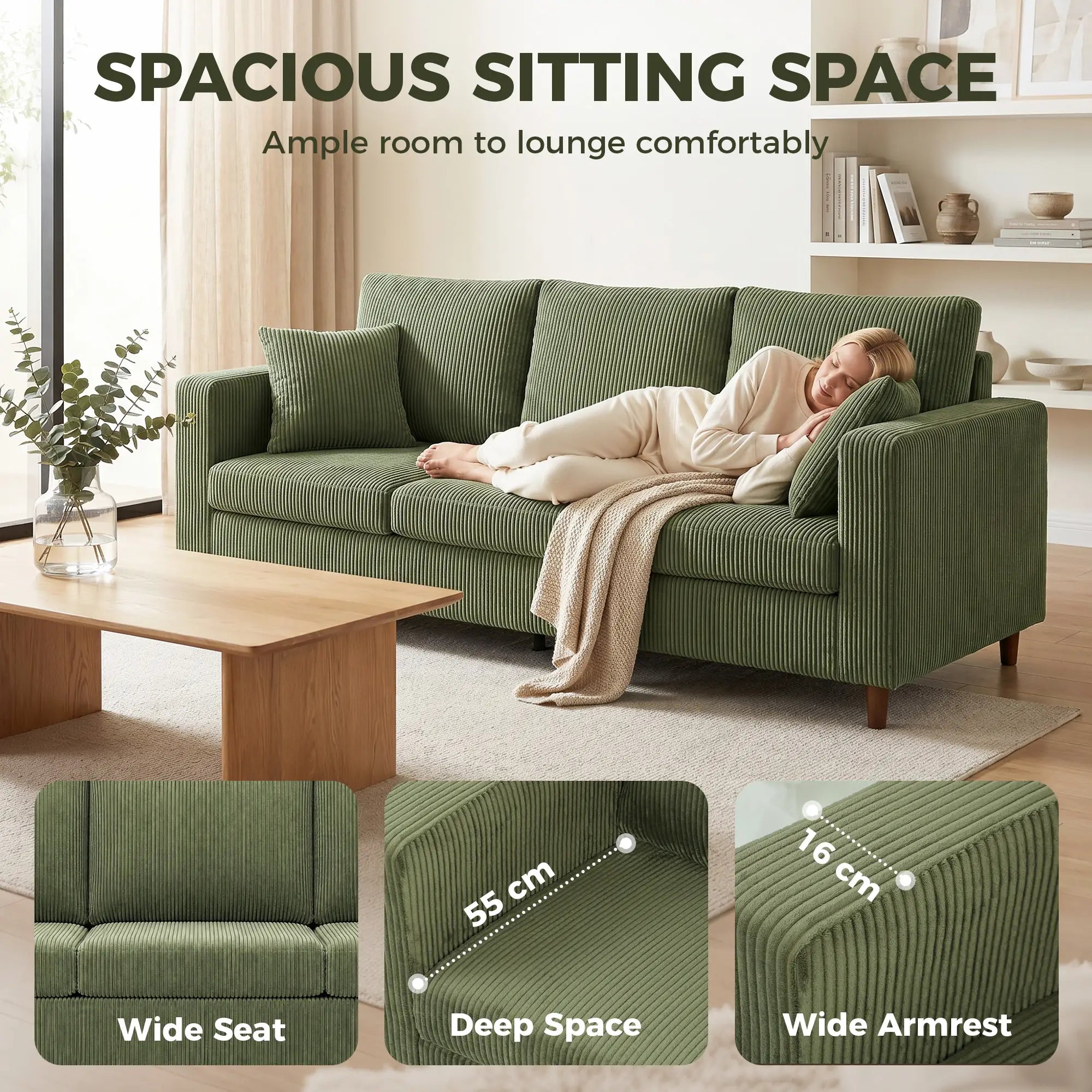 3 Seater Green Corduroy Couch, Deep Seat, Spring Cushion, Green 3-Seater Sofas at Gallery Canada