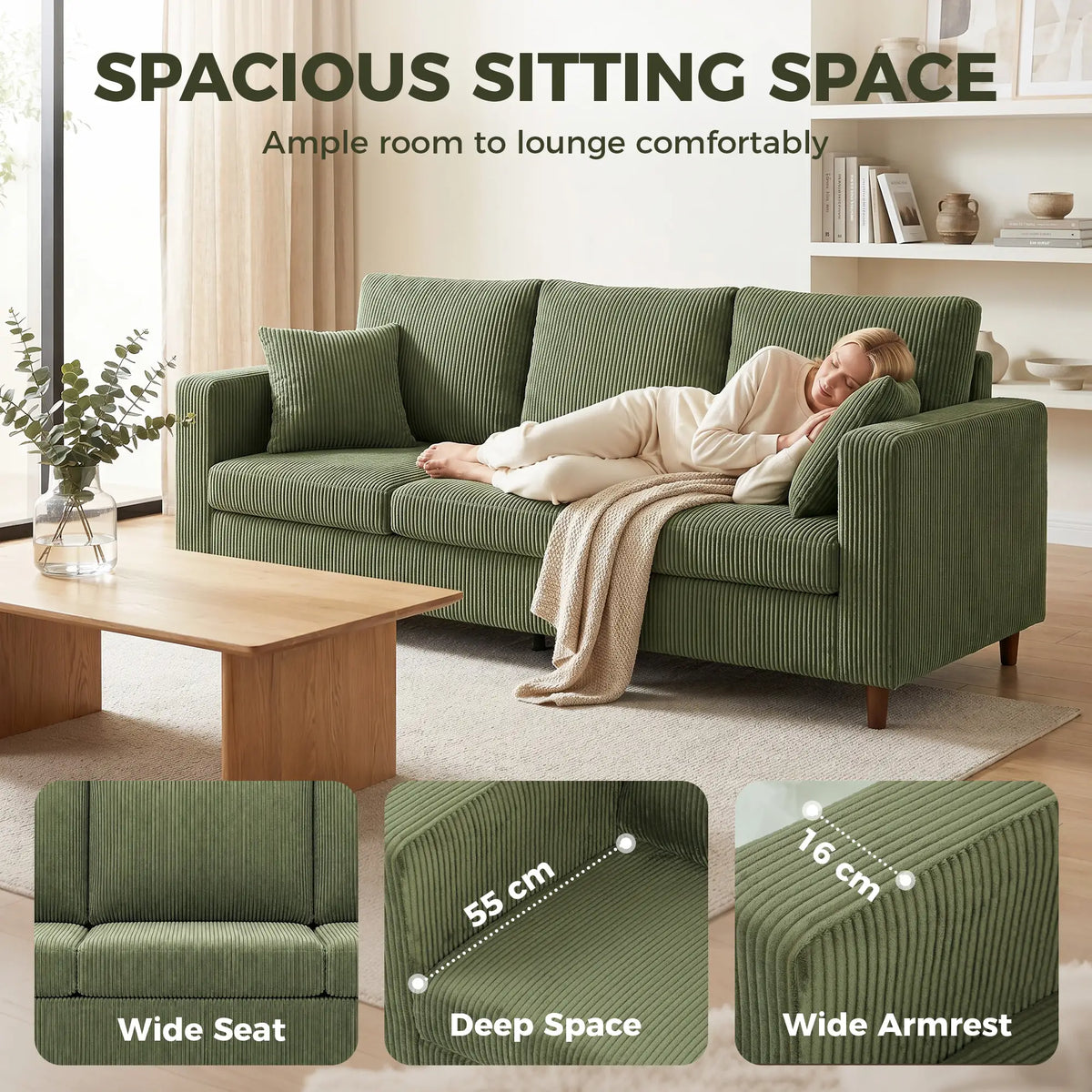 3 Seater Green Corduroy Couch, Deep Seat, Spring Cushion, Green 3-Seater Sofas at Gallery Canada