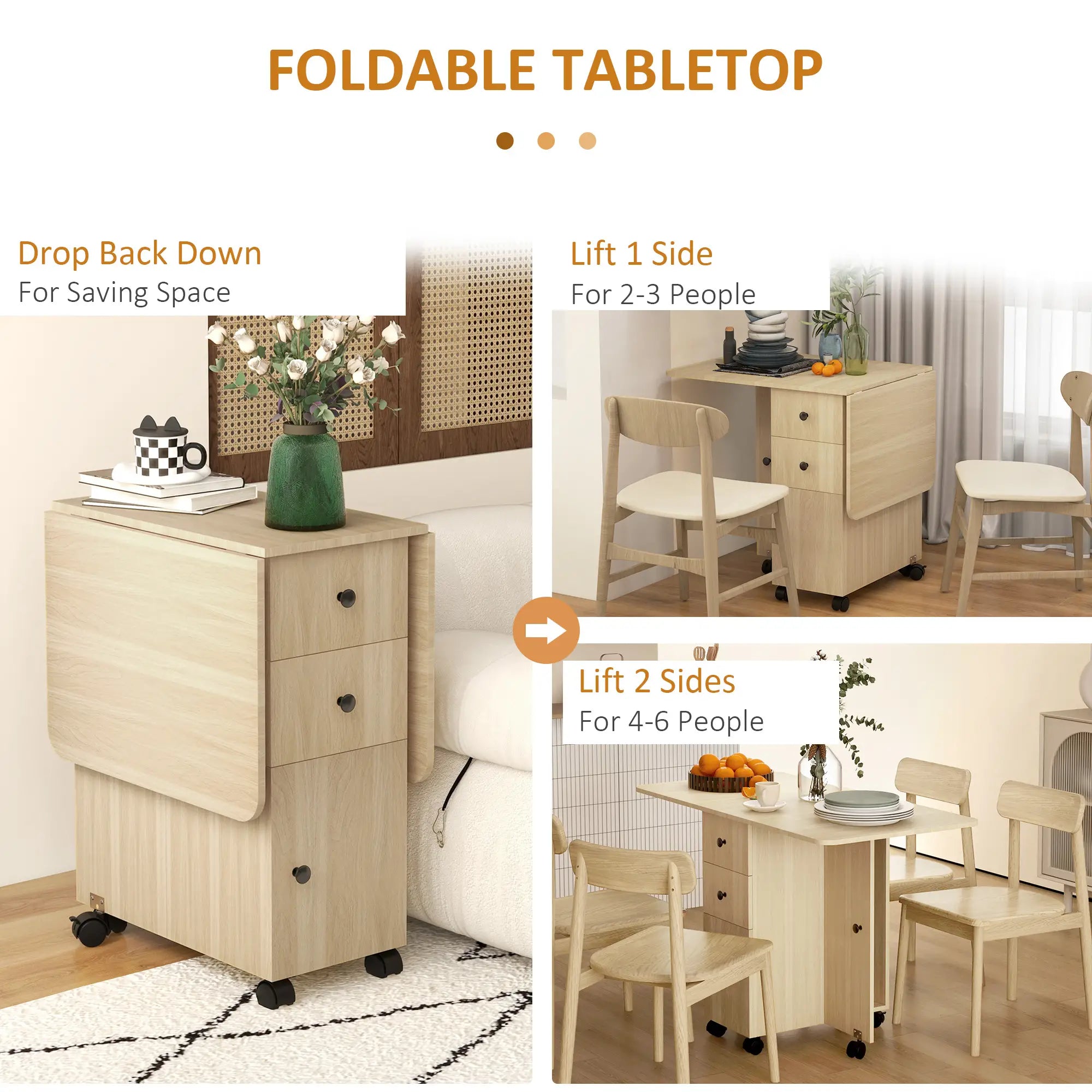 Drop Leaf Dining Table, Mobile Folding Table on Wheels, Natural Wood Dining Tables at Gallery Canada