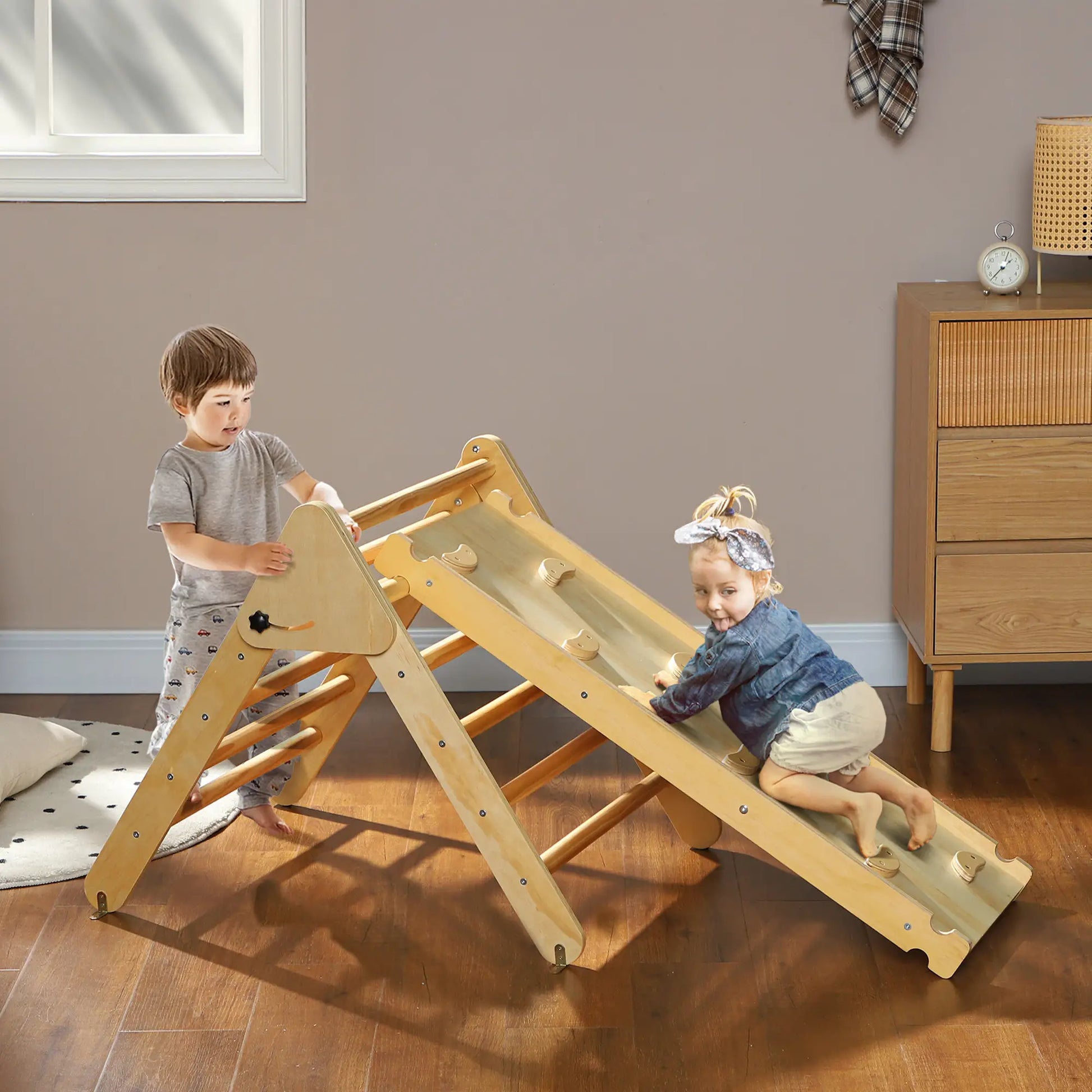 Pikler Triangle Set, 3 in 1 Climbing Toys with Ramp, Nature Wood Baby Gym & Playmats at Gallery Canada