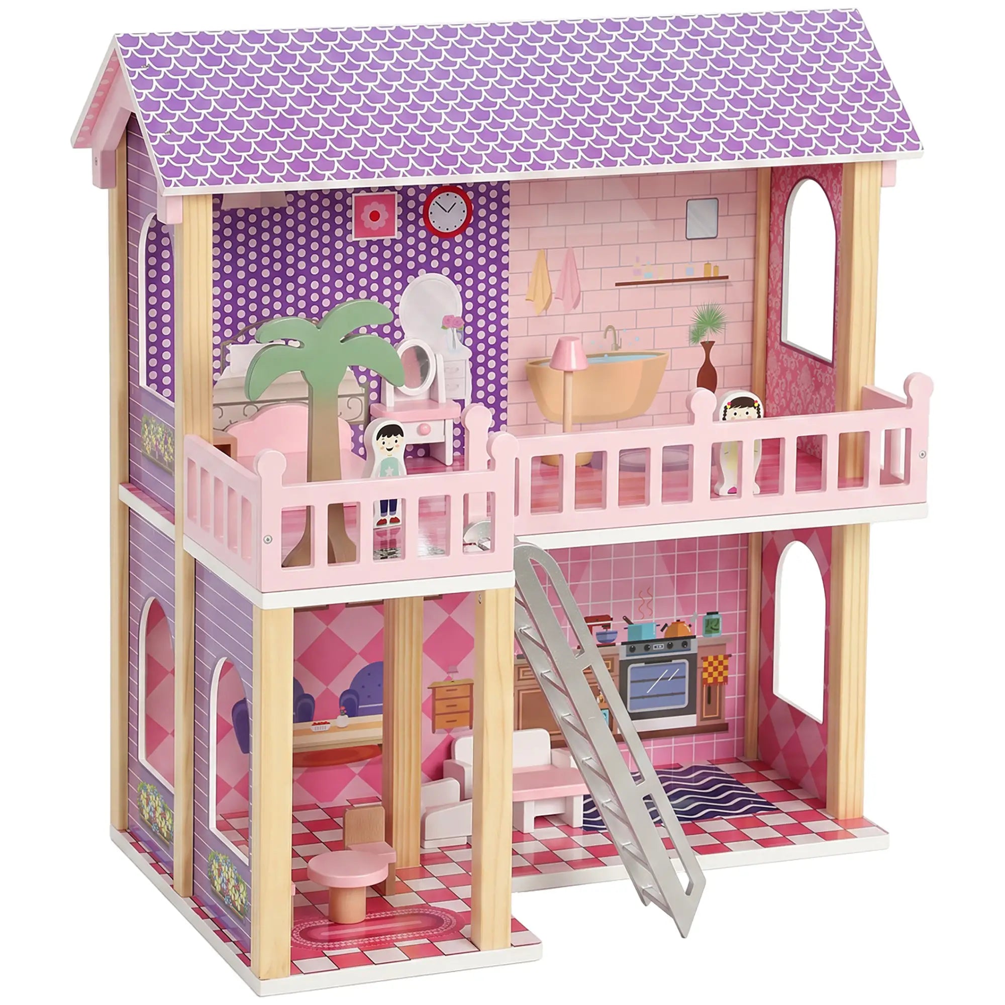 Qaba Wooden Doll House for Girls with 5 Rooms, Dolls, Furniture, DIY Pretend Dollhouse Playset, Gift for Kids Ages 3-6, Pink Play Houses Multi Colour at Gallery Canada