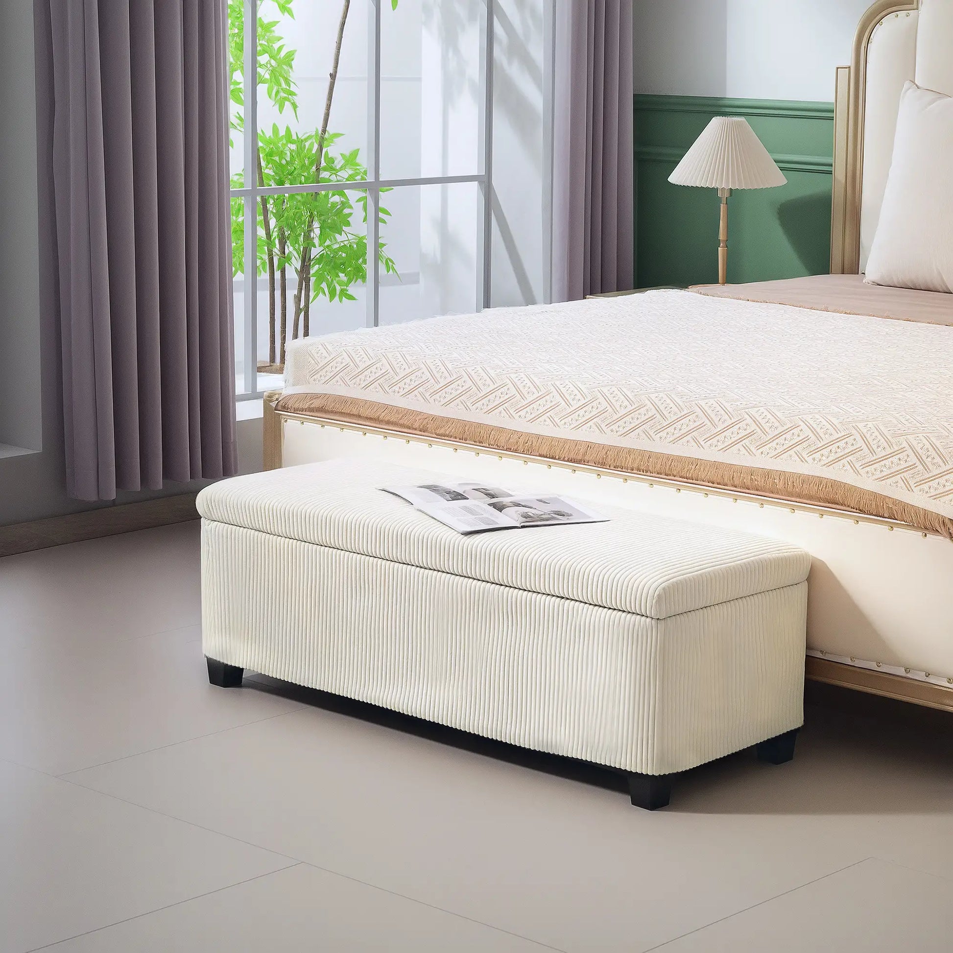 44 Inches Ottoman with Storage, Lid, Legs, Corduroy Bench, Beige Storage Ottomans & Benches at Gallery Canada