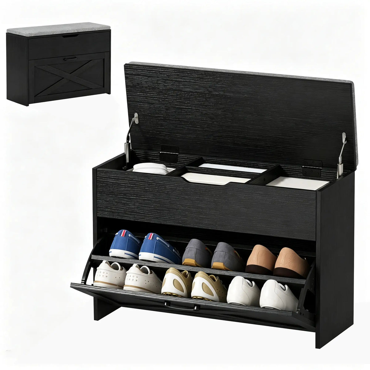 Shoe Storage Bench with Flip Drawer, Lift Top, Seat Cushion, Black Shoe Storage Cabinets & Racks Black, Grey at Gallery Canada