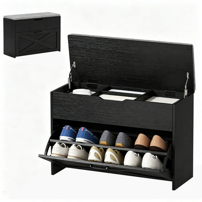 Shoe Storage Bench with Flip Drawer, Lift Top, Seat Cushion, Black Shoe Storage Cabinets & Racks Black, Grey at Gallery Canada
