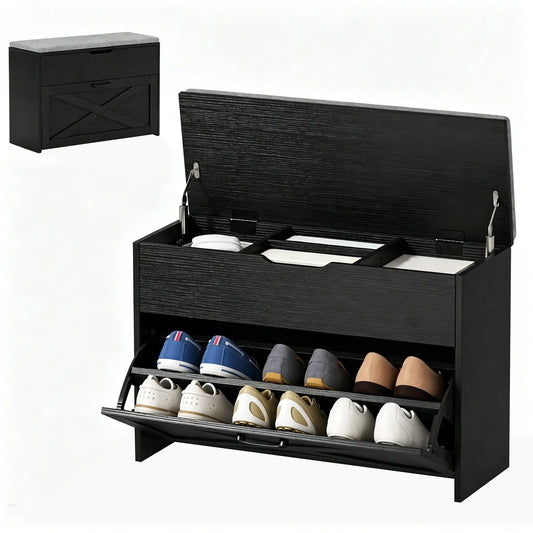 Shoe Storage Bench with Flip Drawer, Lift Top, Seat Cushion, Black Shoe Storage Cabinets & Racks Black, Grey at Gallery Canada
