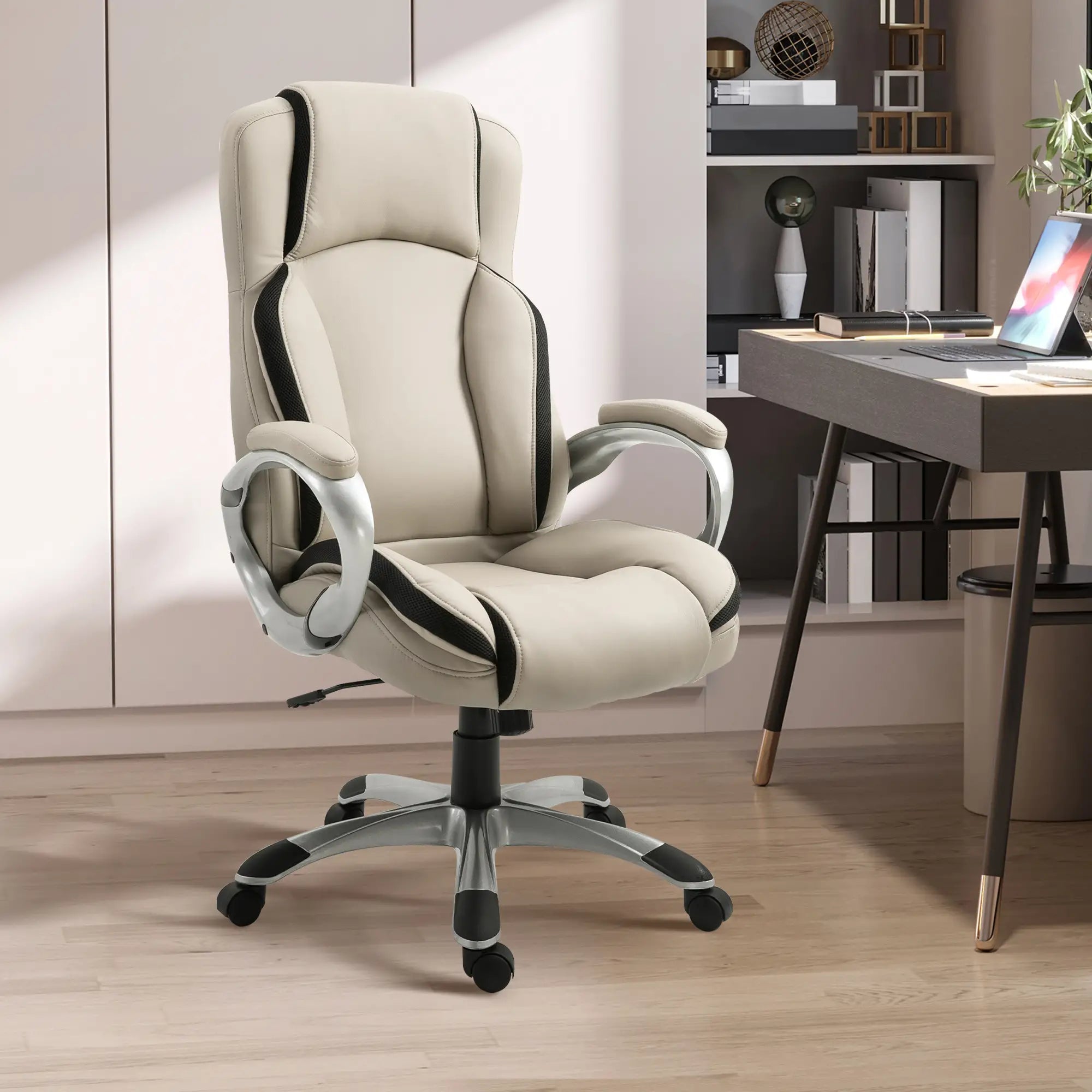 PU Leather Executive Office Chair, Height Adjustable Swivel, Black, Greige Executive & Manager Chairs at Gallery Canada