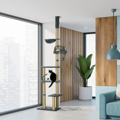 90.5" - 98.5" Cat Tree Tower, Scratching Post, Platforms, Bed, Hammock, Grey Floor to Ceiling Cat Trees at Gallery Canada