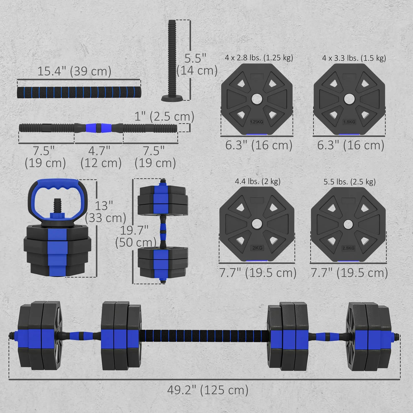 4-in-1 Adjustable Dumbbell Set, Kettlebell, Barbell, Dumbbell, 66lbs, Blue Dumbbells & Barbells at Gallery Canada
