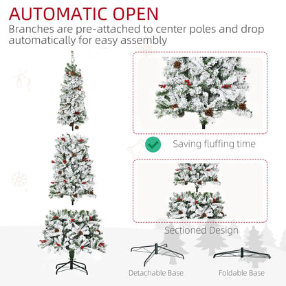 7.5 Foot Flocked Artificial Christmas Tree, 950 Pine Branches, Pine Cones, Red Berries, Green Pencil Christmas Trees at Gallery Canada