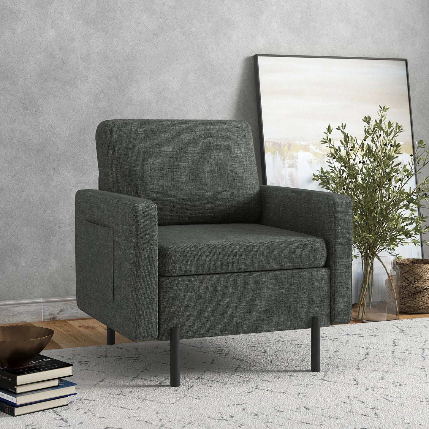 Modern Fabric Accent Armchair, Metal Legs, 2 Side Pockets, Grey Accent Chairs at Gallery Canada