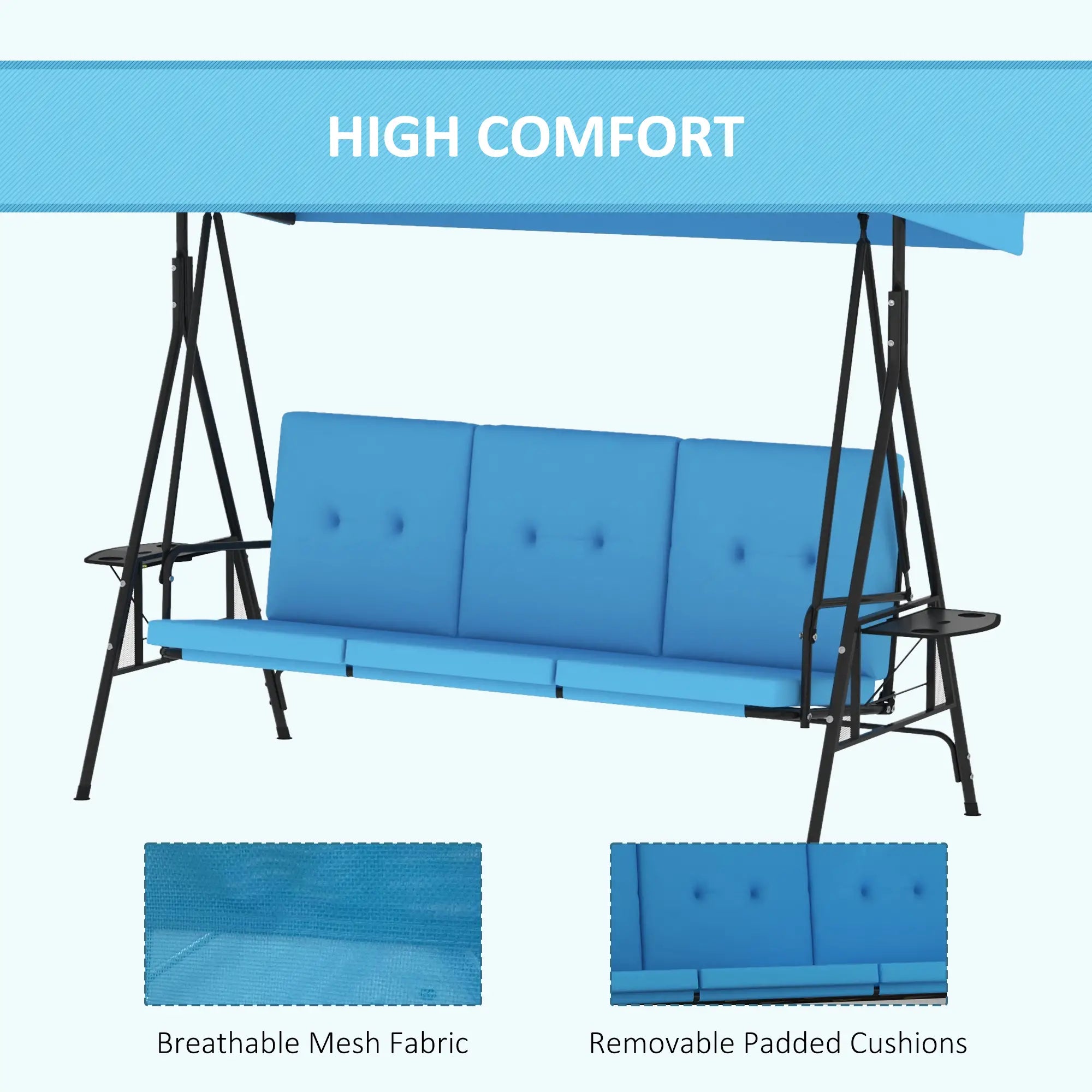 3-Seat Outdoor Porch Swing with Canopy, Side Tray, Cushion, Blue Patio Swings with Stand at Gallery Canada