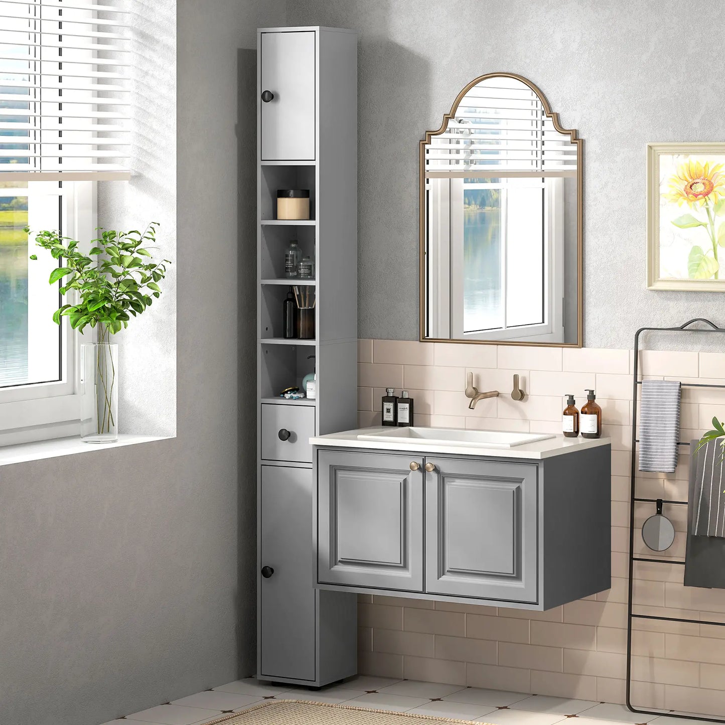 71" Tall Bathroom Cabinet, Narrow Toilet Paper Storage, 2 Door, Adjustable Shelves, Grey Bathroom Cabinets at Gallery Canada