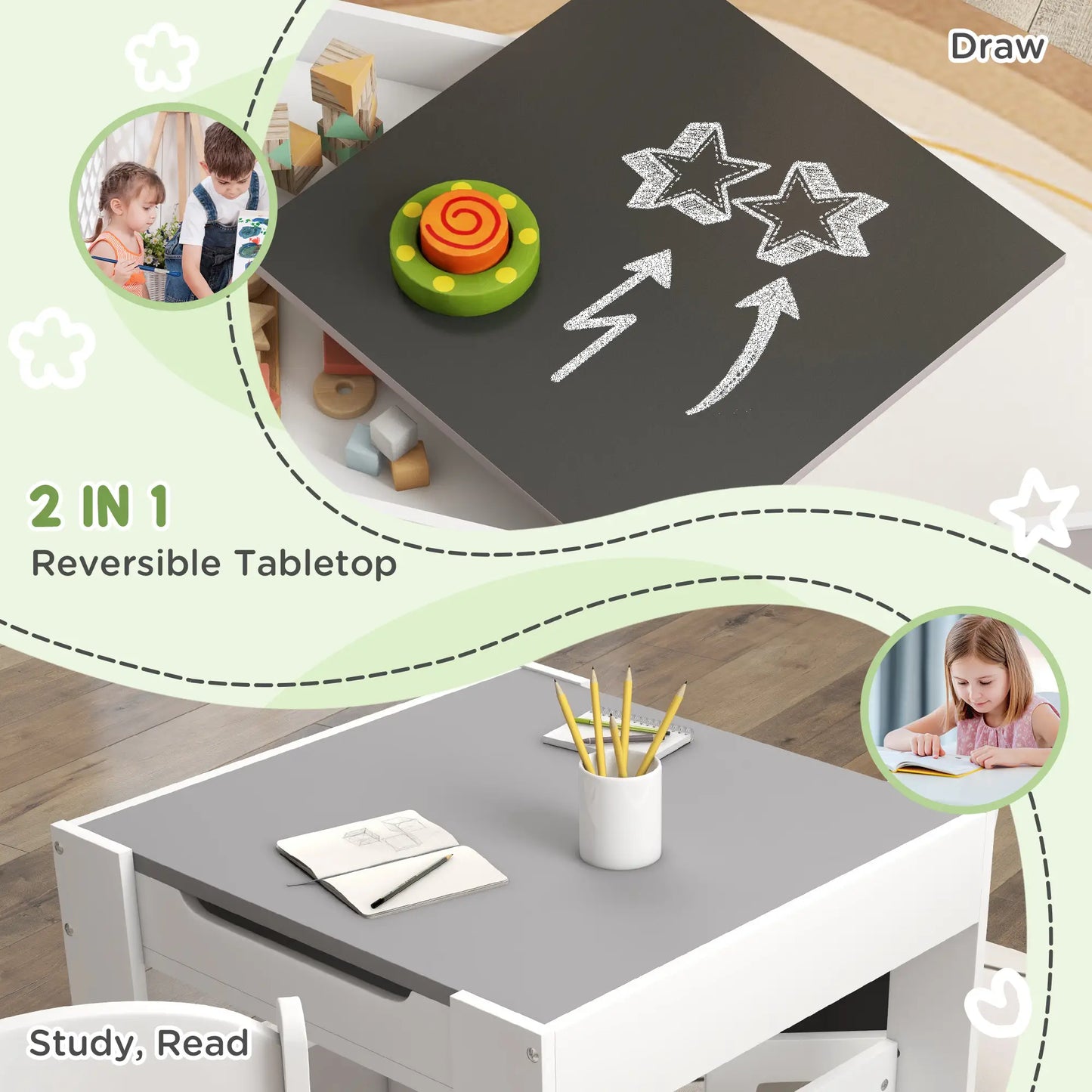 3 Piece Kids Table and Chair Set, Reversible Tabletop, Blackboard, Storage, Grey Kids Table Sets at Gallery Canada