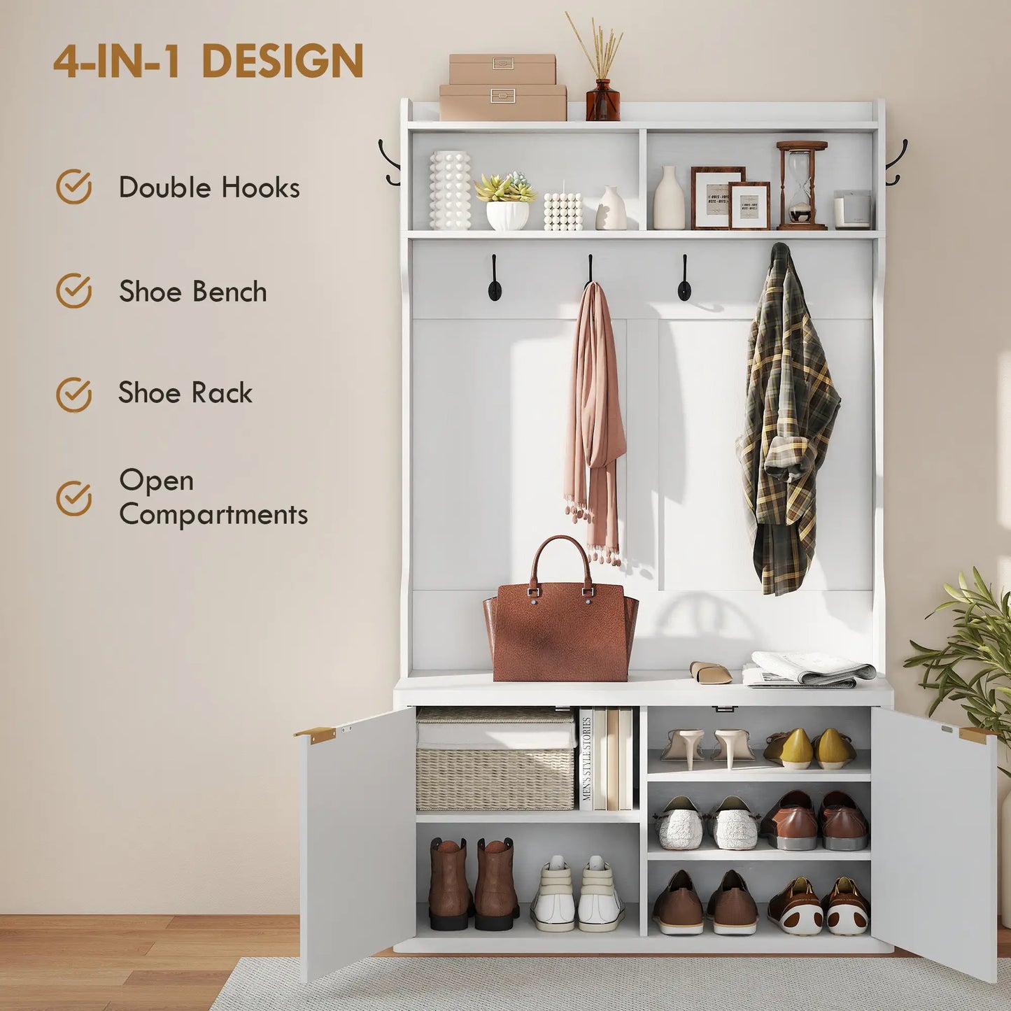 4-In-1 Hall Tree With Shoe Bench, Modern Coat Rack With Open Shelf, White Clothing Storage at Gallery Canada