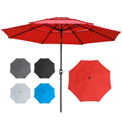 9FT 3 Tiers Patio Umbrella, Crank Push Button Tilt, Red