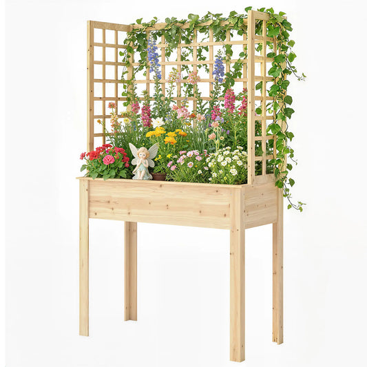 Wooden Raised Garden Bed With 3 Trellises, Planter With Drainage Holes Elevated Garden Beds Natural at Gallery Canada