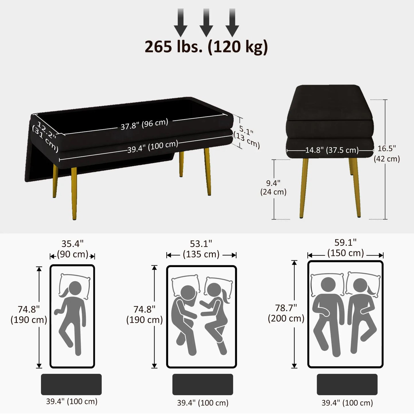 Velvet Upholstered Bench, Thick Padded Seat, Steel Legs, Black Storage Ottomans & Benches at Gallery Canada