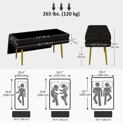Velvet Upholstered Bench, Thick Padded Seat, Steel Legs, Black Storage Ottomans & Benches at Gallery Canada