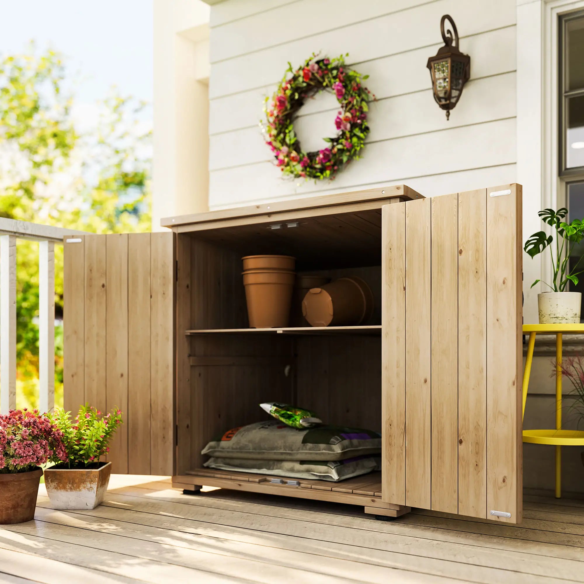 Wooden Outdoor Storage Cabinet, Garden Shed With Shelf, Double Doors, Natural Sheds at Gallery Canada
