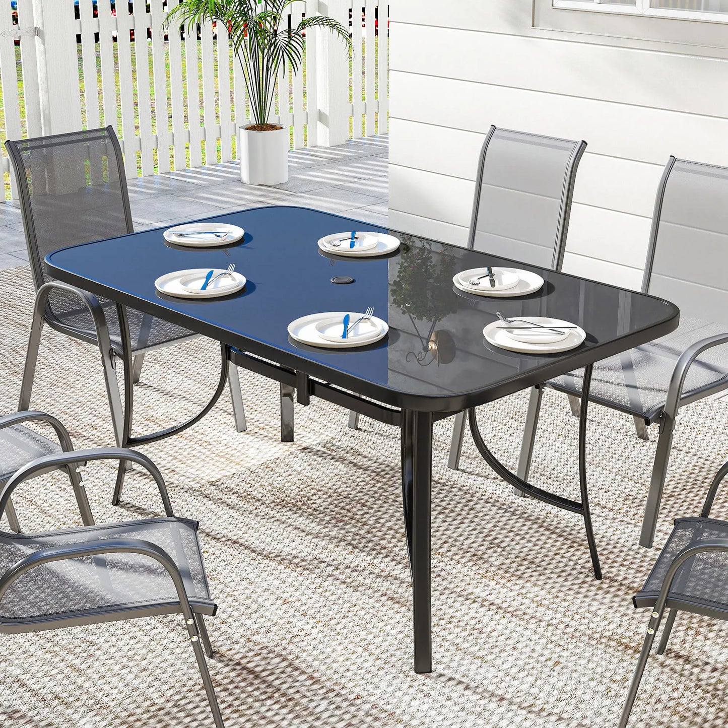 Outdoor Dining Table For 6, Metal Patio Table With Tempered Glass Top