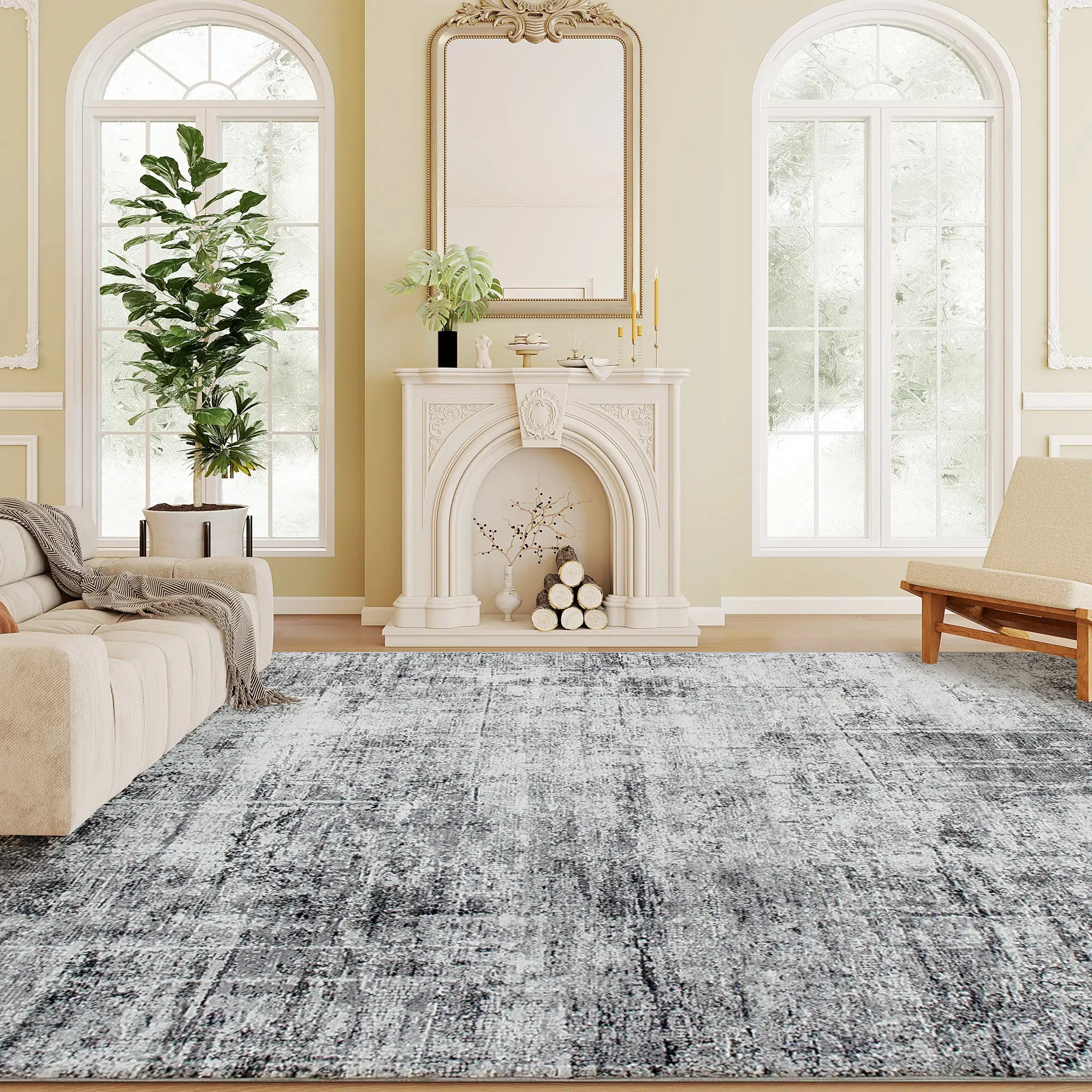 Modern Abstract Area Rug, 6x9, Machine Washable, Non-Slip, Grey Living Room Furniture Grey at Gallery Canada