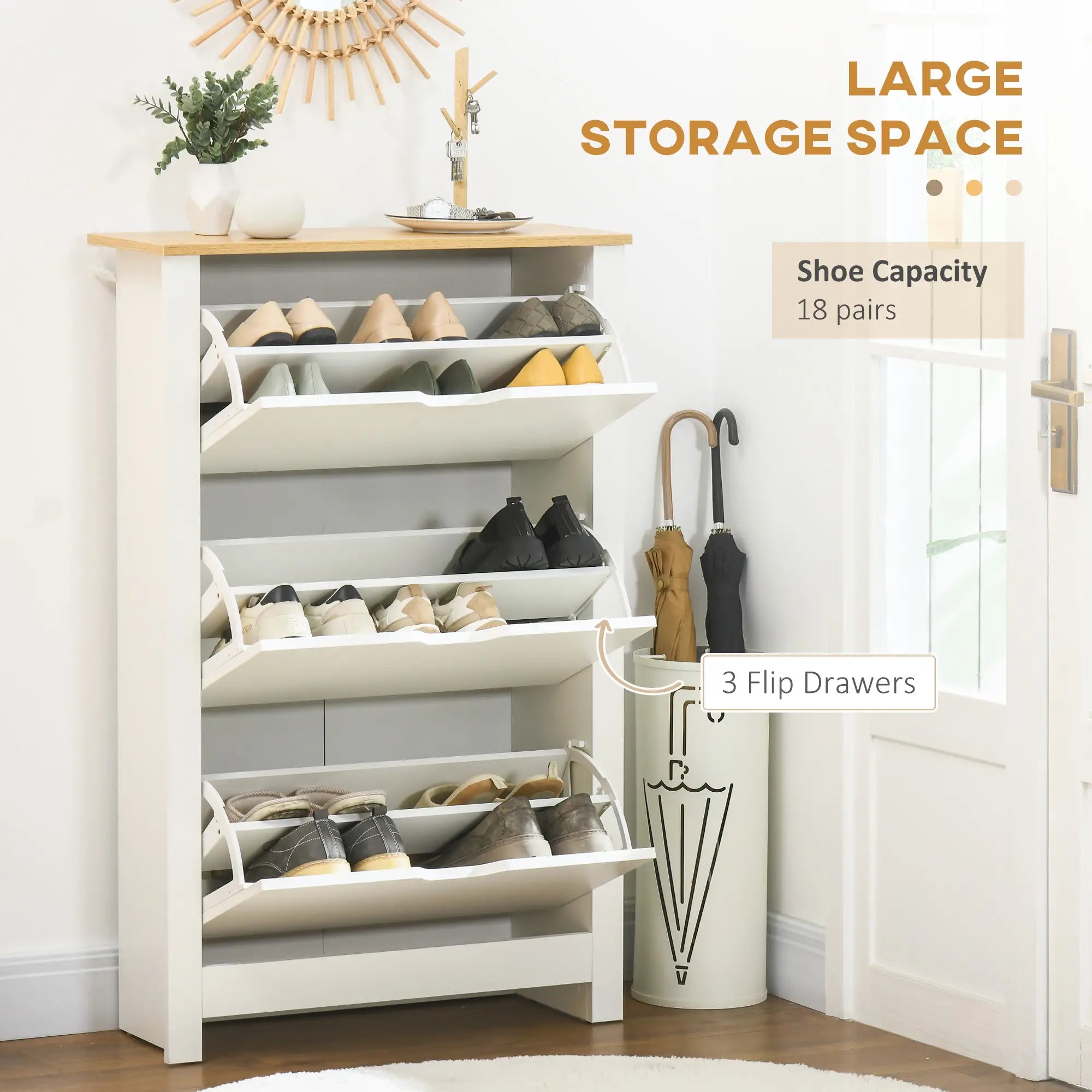 Shoe Storage Cabinet, 3 Flip Drawers, Adjustable Shelves, 9-18 Pairs, White Shoe Storage Cabinets & Racks at Gallery Canada