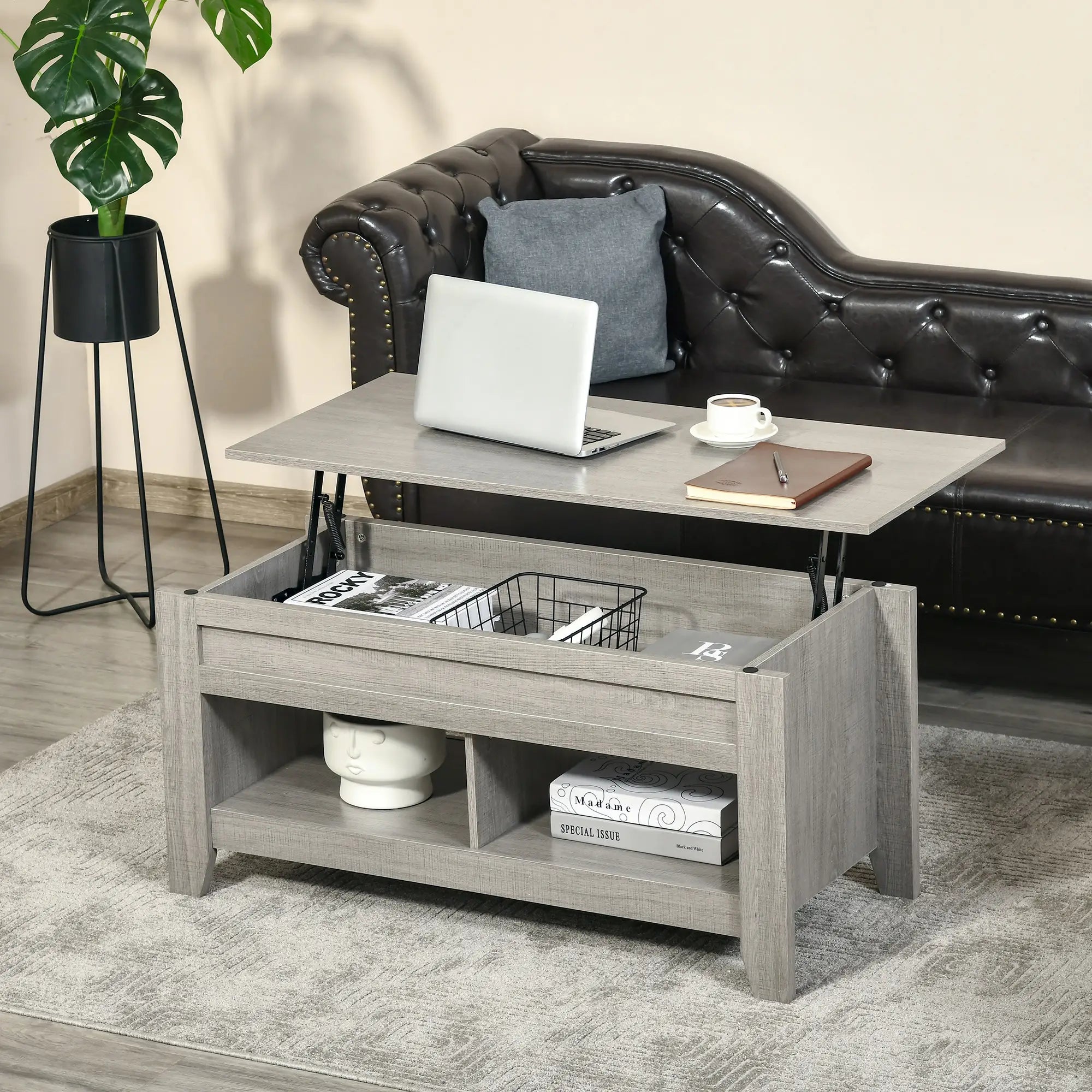 Lift Top Coffee Table, Hidden Storage, Open Shelves, Light Grey Coffee Tables at Gallery Canada