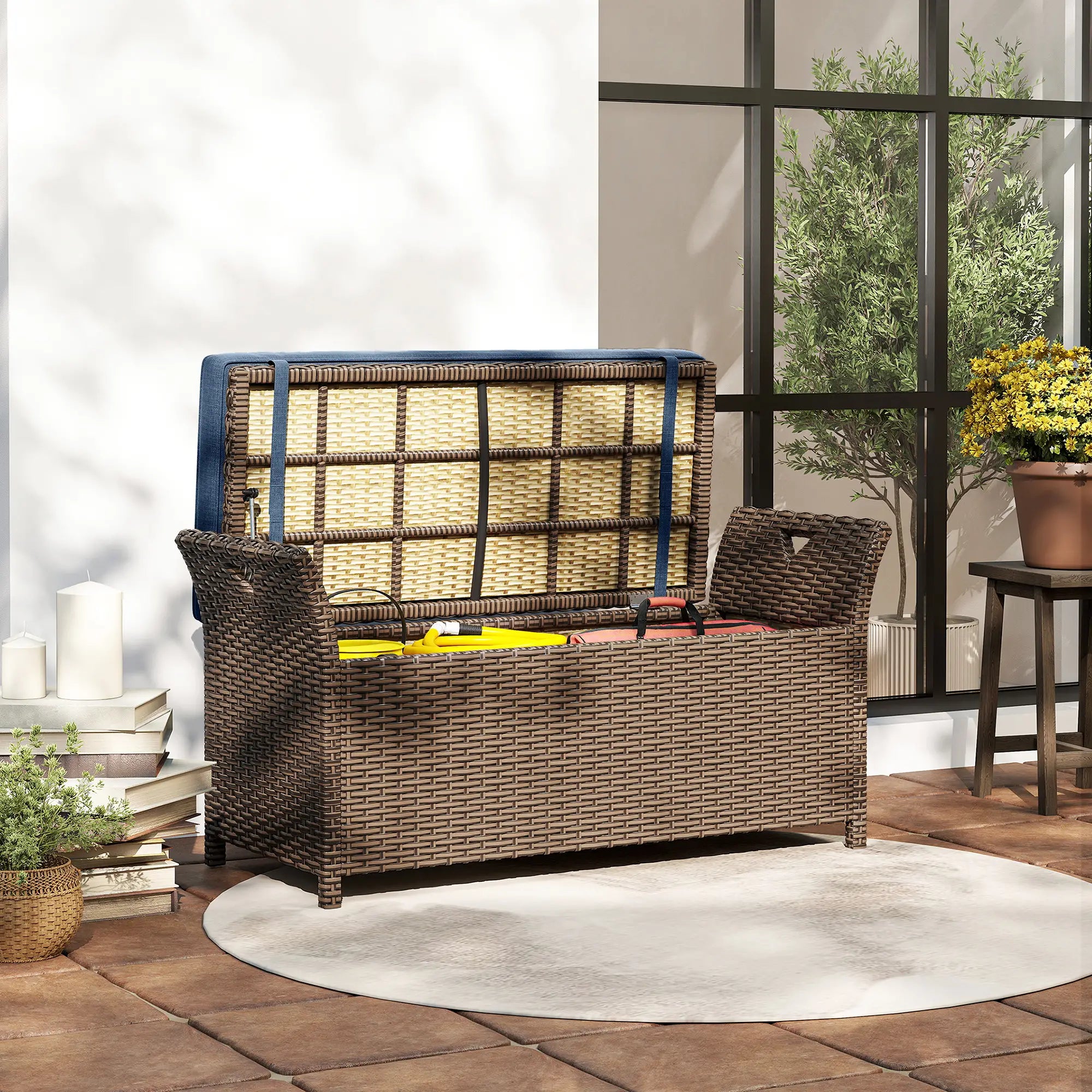 29 Gallon Wicker Deck Box, Outdoor Storage Bench, Navy Blue Patio Storage Boxes at Gallery Canada