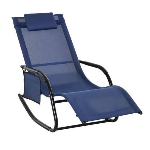 Outdoor Rocking Chair, Mesh Fabric, Removable Headrest, Side Pocket, Blue