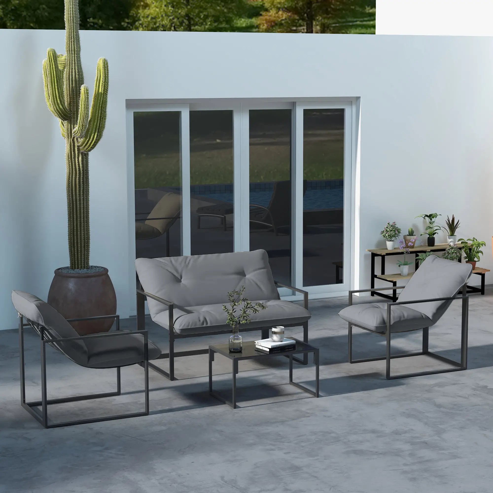 4-Piece Outdoor Furniture Set, Patio Set with Glass Table, Grey Patio Furniture Sets at Gallery Canada