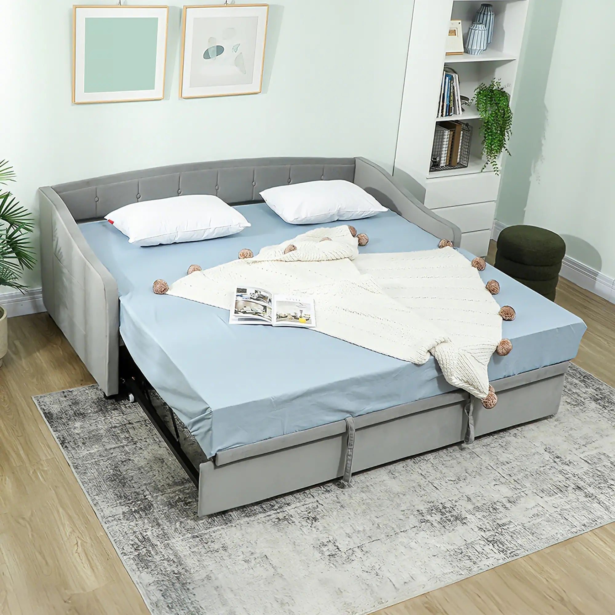 Upholstered Twin Size Trundle Bed, With Headboard And Pockets, Light Grey Bed Frames at Gallery Canada