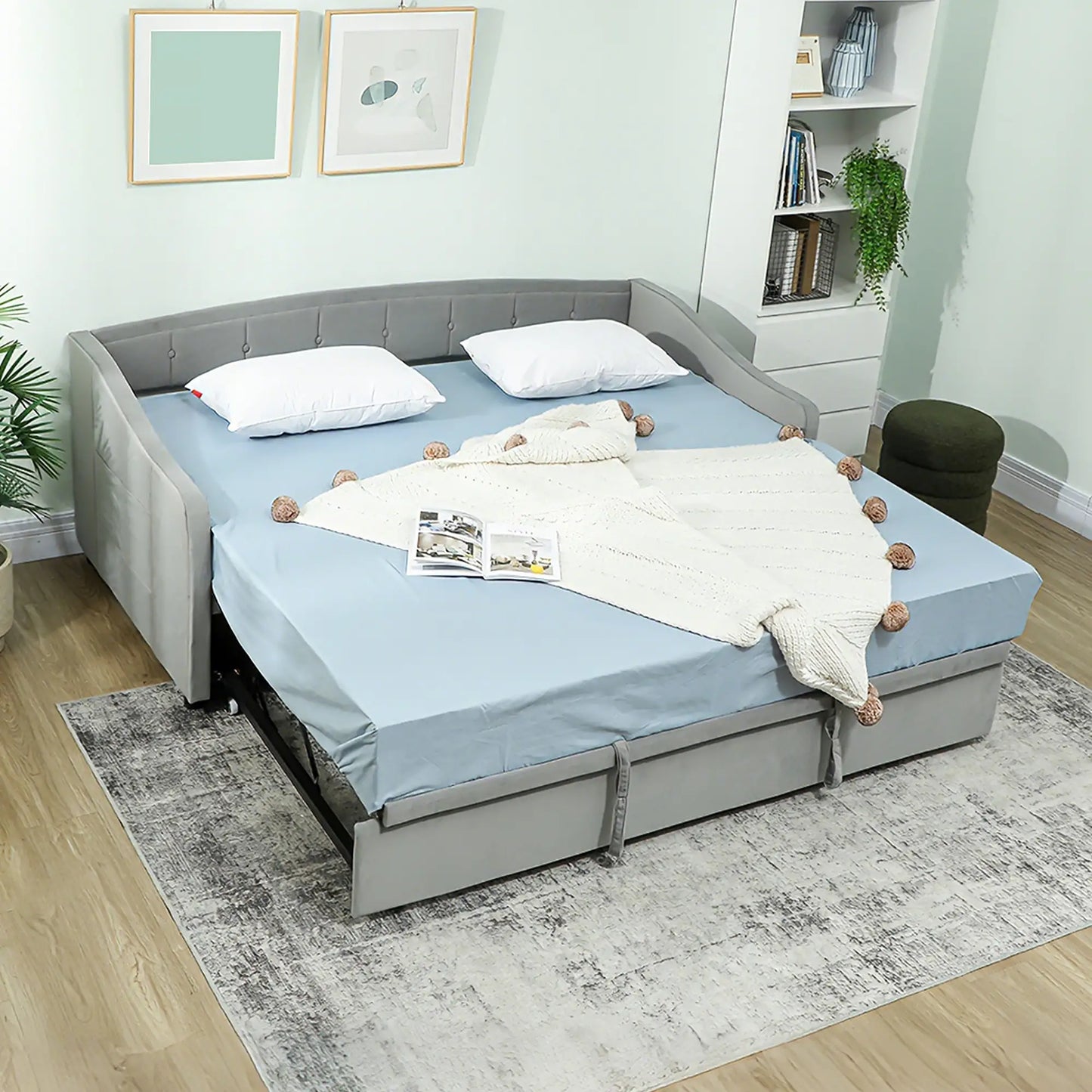 Upholstered Twin Size Trundle Bed, With Headboard And Pockets, Light Grey Bed Frames at Gallery Canada