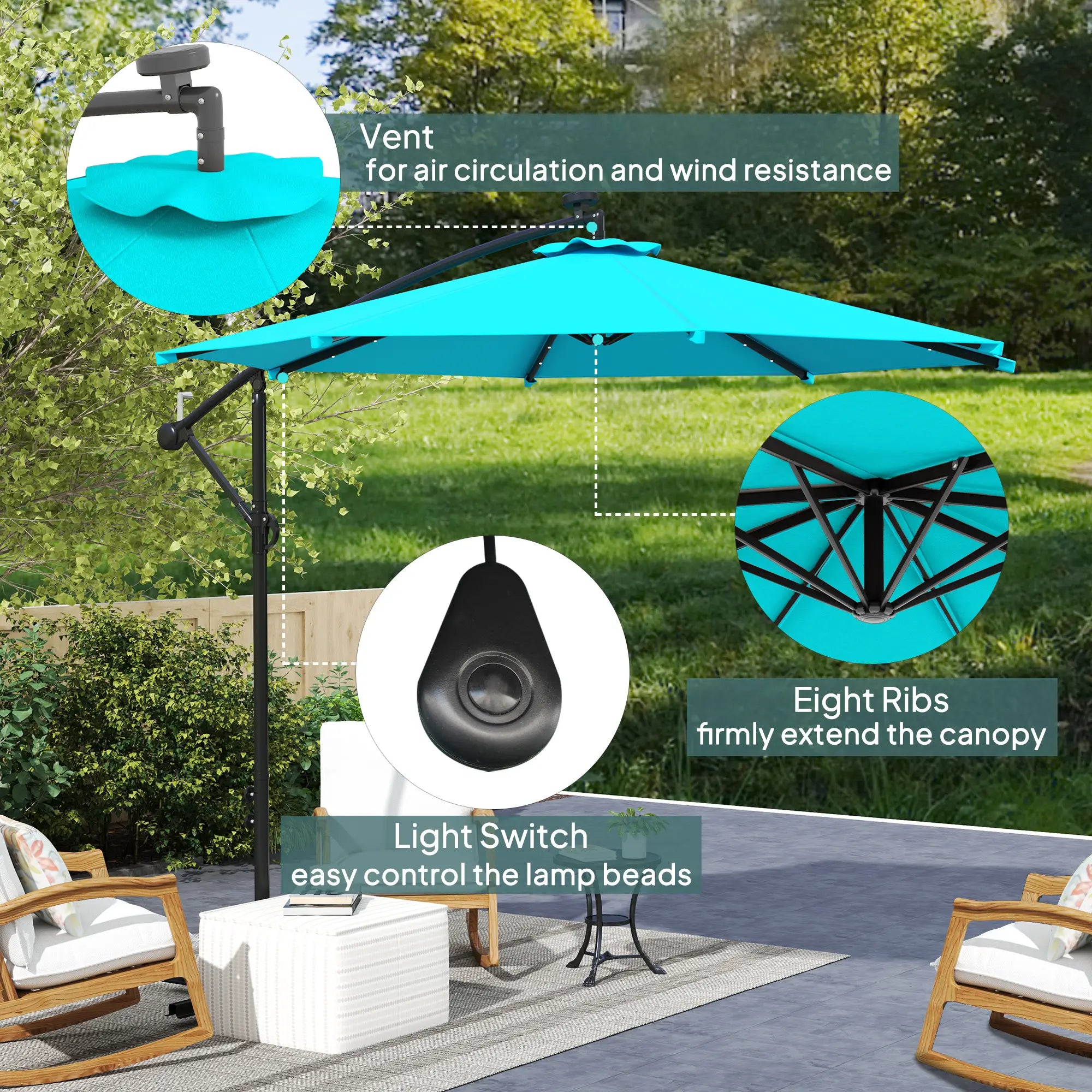 10ft Outdoor Cantilever Umbrella, Solar Lights, Adjustable Angle, Turquoise Offset Cantilever Umbrellas at Gallery Canada
